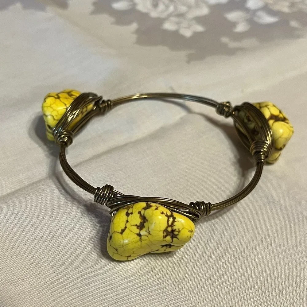 Yellow Turquoise Chunky Brass Wire Wrapped Bracelet Artisan Handmade